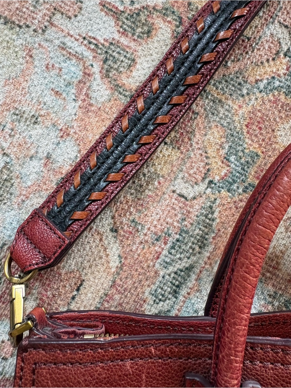 Fossil Genuine Leather Satchel | Burgundy Pebbled Leather | Brass key Charm - Picture 4 of 11